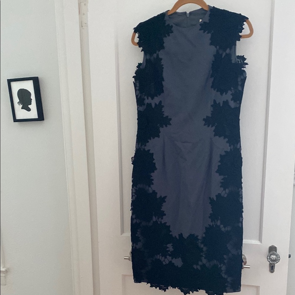 Lela Rose Blue Sheath Midi Dress Crew Neck Sleeveless